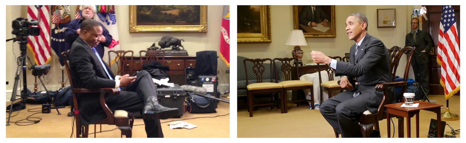 Frederick Van Johnson during livestream rehearsals. President Obama during the actual livestream.